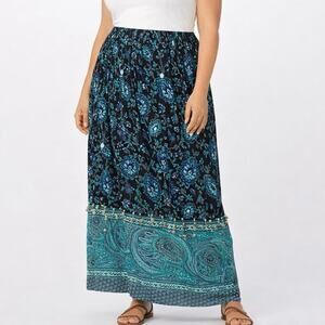Vintage Notations Blue Green Floral Paisley Maxi Skirt Women's Size 1X-3X Boho
